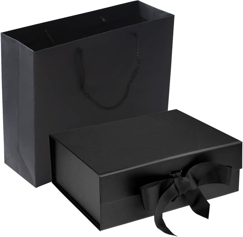 RUIFYRAY Black Luxury Magnetic Gift Box with Lid, Ribbons and Gift Bag, Medium Size-9.4x7x3 Inches, Great for Christmas, New Year, Wedding, Birthdays, Man - Image 1